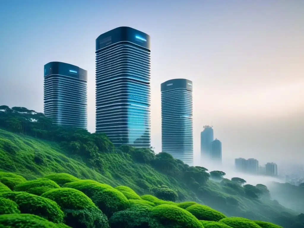 Rascacielos futurista integrado con naturaleza exuberante Rascacielos futurista con tecnología integrada, reflejando lujo y naturaleza en mercado de propiedades emergentes
