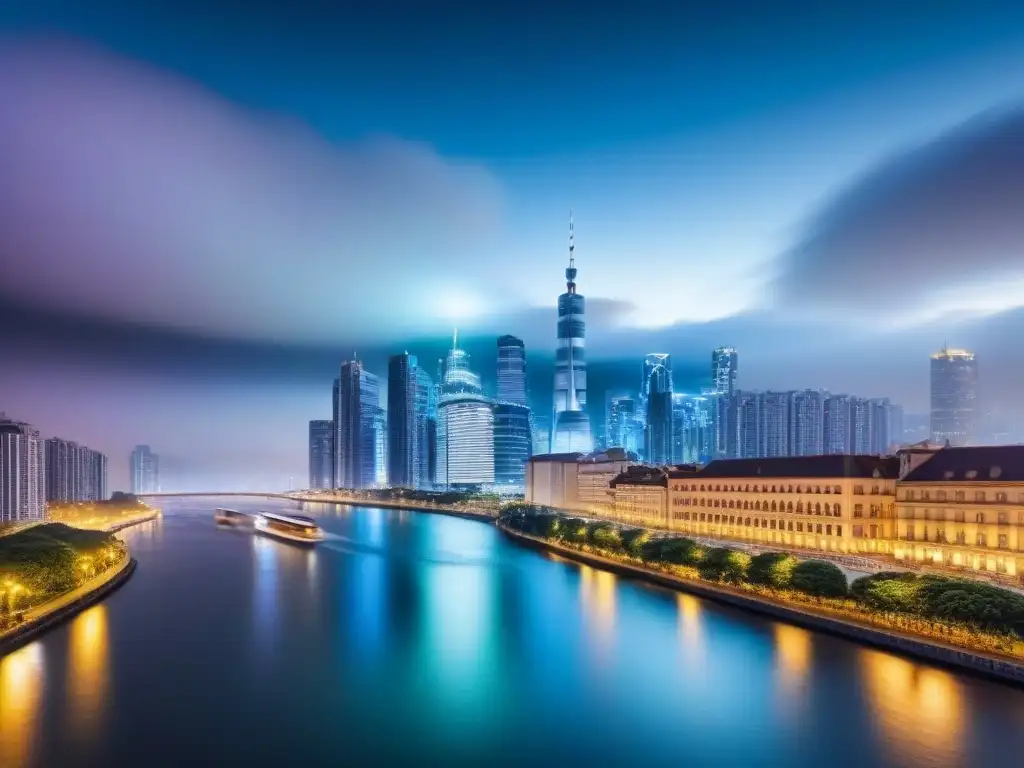 Espléndida ciudad nocturna: inversión inmobiliaria lucrativa Rascacielos iluminados de una ciudad nocturna, reflejados en un río, representan el rendimiento REITs inversión inmobiliaria