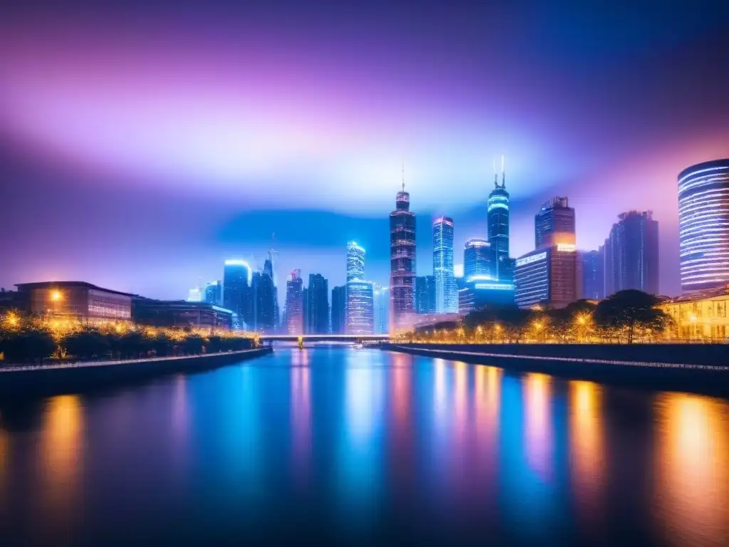 Skyline urbano moderno: luces de neón en río tranquilo Rascacielos iluminados por luces de neón en una ciudad moderna al anochecer, reflejándose en el río