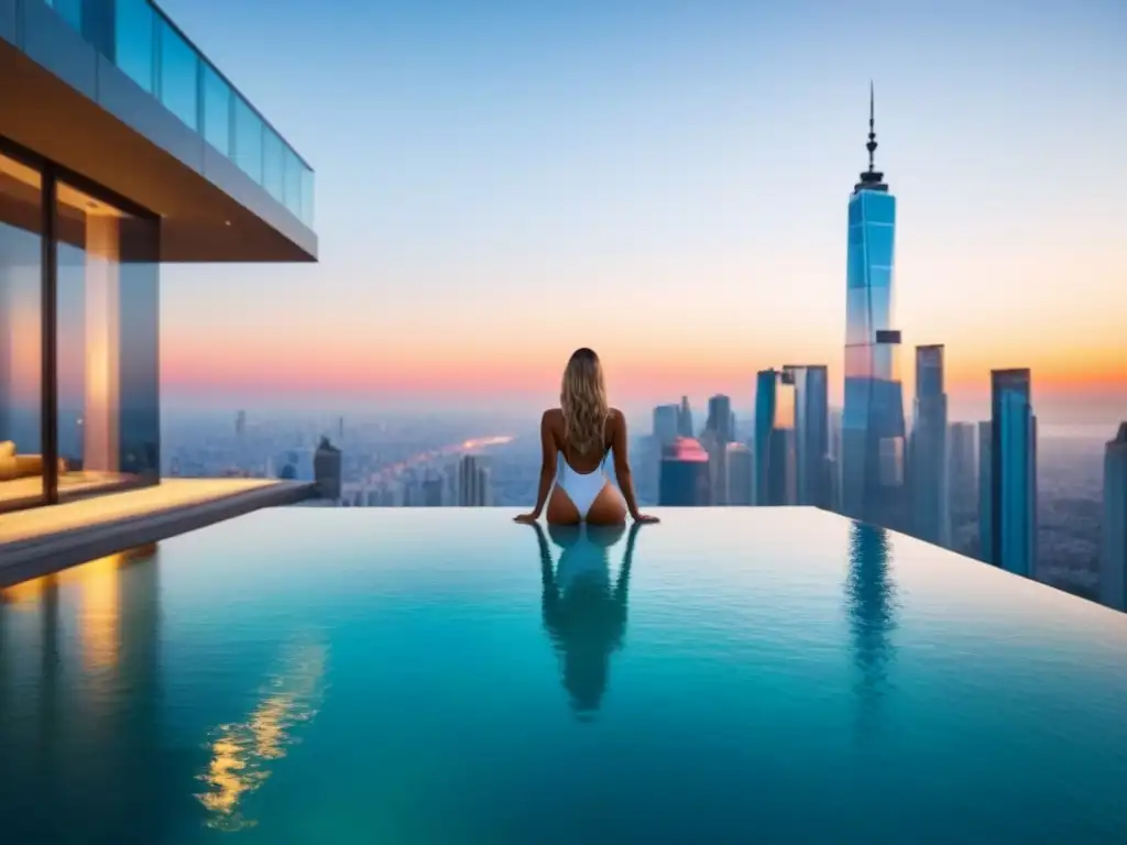 Espléndido rascacielos moderno en ciudad emergente: diseño arquitectónico, piscina infinita y atardecer urbano Rascacielos de lujo en ciudad emergente, diseño arquitectónico moderno, ventanales de cristal y piscina en el atardecer