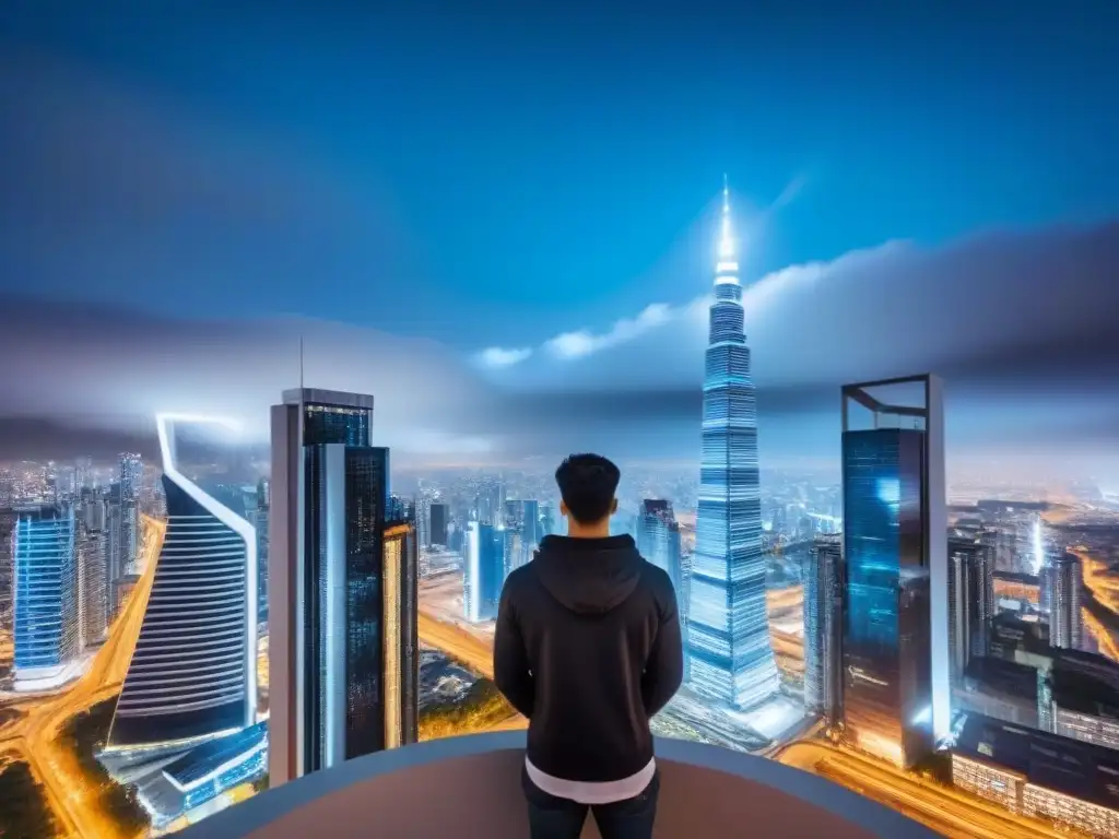 Rascacielos de lujo en metrópolis futurista Un rascacielos de lujo rodeado de edificios futuristas de cristal, reflejando un vibrante horizonte urbano de noche