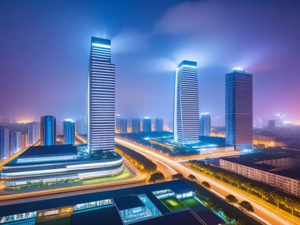 Rascacielos de lujo en la noche: modernidad y opulencia en la ciudad Un rascacielos de lujo ultramoderno con fachadas de vidrio reflejando un paisaje urbano vibrante de noche