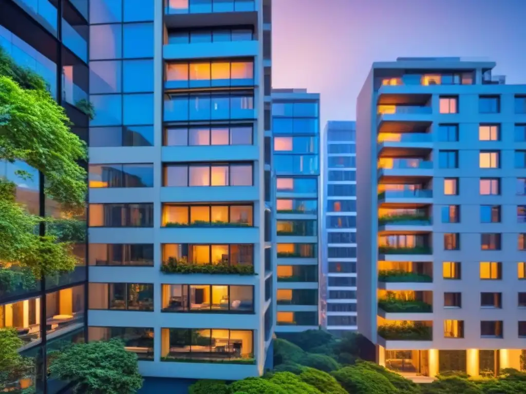 Edificio de lujo con diseño moderno y datos integrados en la gestión de riesgos inmobiliarios Un rascacielos de lujo con ventanales de piso a techo reflejando la ciudad, rodeado de vegetación, simbolizando el análisis de datos en bienes raíces