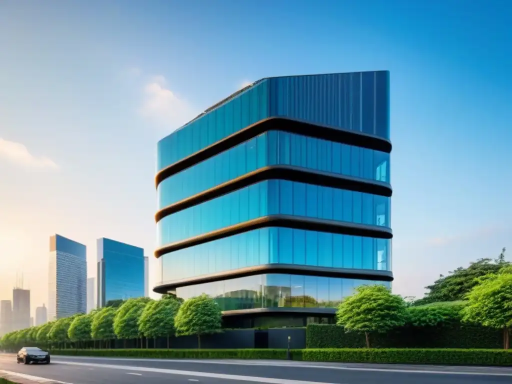 Edificio de oficinas de lujo en entorno urbano vibrante Un rascacielos lujoso y moderno resplandece bajo el sol, rodeado de vegetación, en una ciudad vibrante