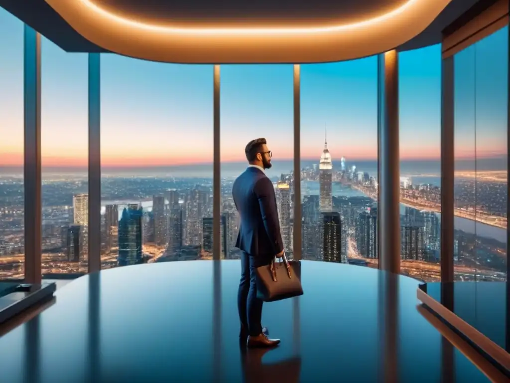 Edificio de lujo con vista panorámica a la ciudad al atardecer Un rascacielos lujoso y moderno con ventanas de cristal de piso a techo reflejando un vibrante horizonte urbano al atardecer