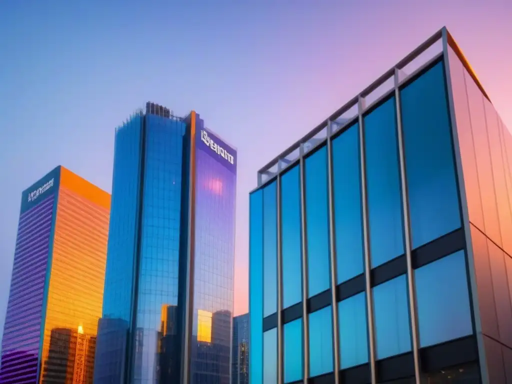 Edificio de oficinas moderno al atardecer: inversión inmobiliaria segura Un rascacielos moderno reflejando el atardecer en sus ventanales, simbolizando protección financiera en inversiones inmobiliarias