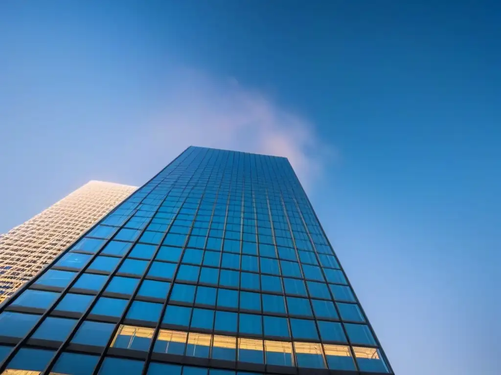 Rascacielos moderno: símbolo de inversiones inmobiliarias lucrativas Un rascacielos moderno y brillante, reflejando innovación y sofisticación, ideal para artículos sobre cobertura mercado inmobiliario con derivados