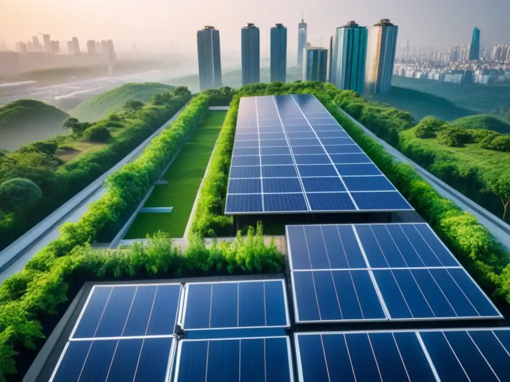 Edificio moderno con paneles solares y vegetación exuberante en la ciudad Un rascacielos moderno con certificaciones verdes en un entorno urbano sostenible