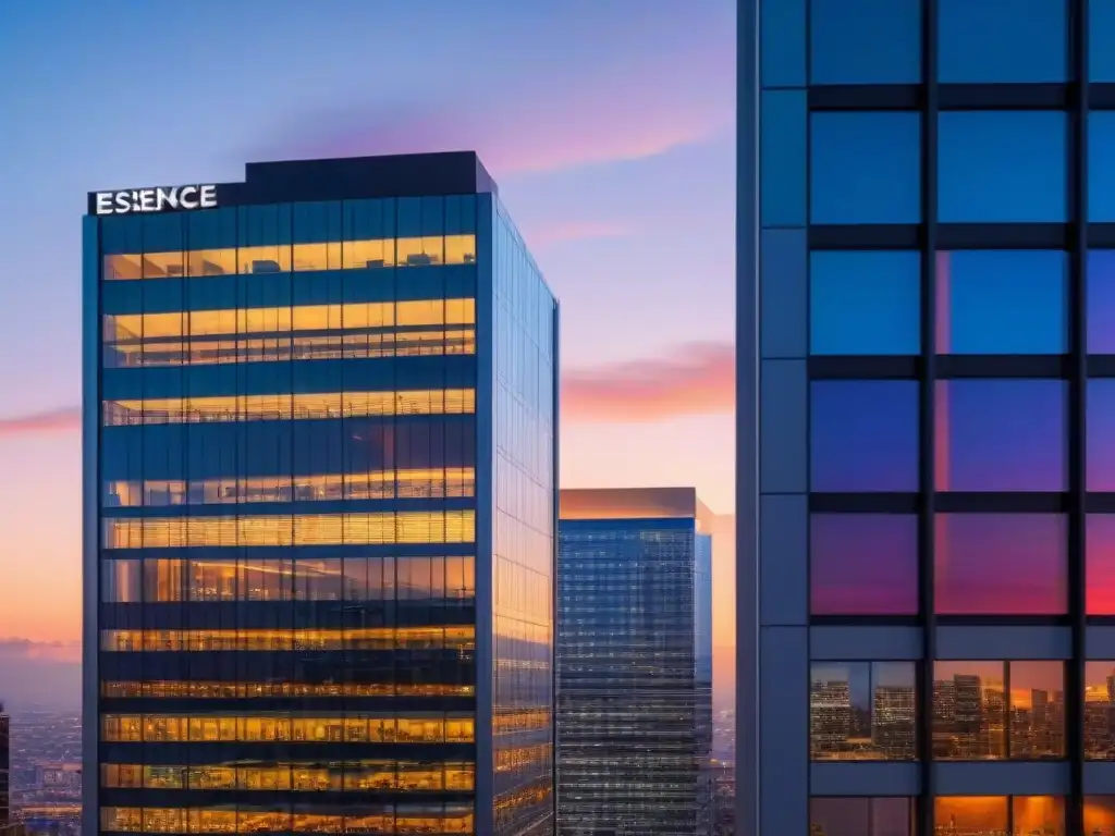 Oficina moderna al atardecer: arquitectura sofisticada en la ciudad Un rascacielos moderno refleja la ciudad al atardecer, destacando estrategias de salida en inversiones de rehabilitación