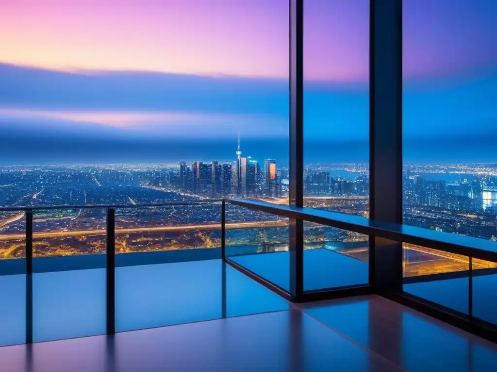 Edificio de oficinas moderno y lujoso con vista urbana al atardecer Un rascacielos moderno reflejando la ciudad al anochecer, simboliza el potencial de Rendimiento REITs inversión inmobiliaria