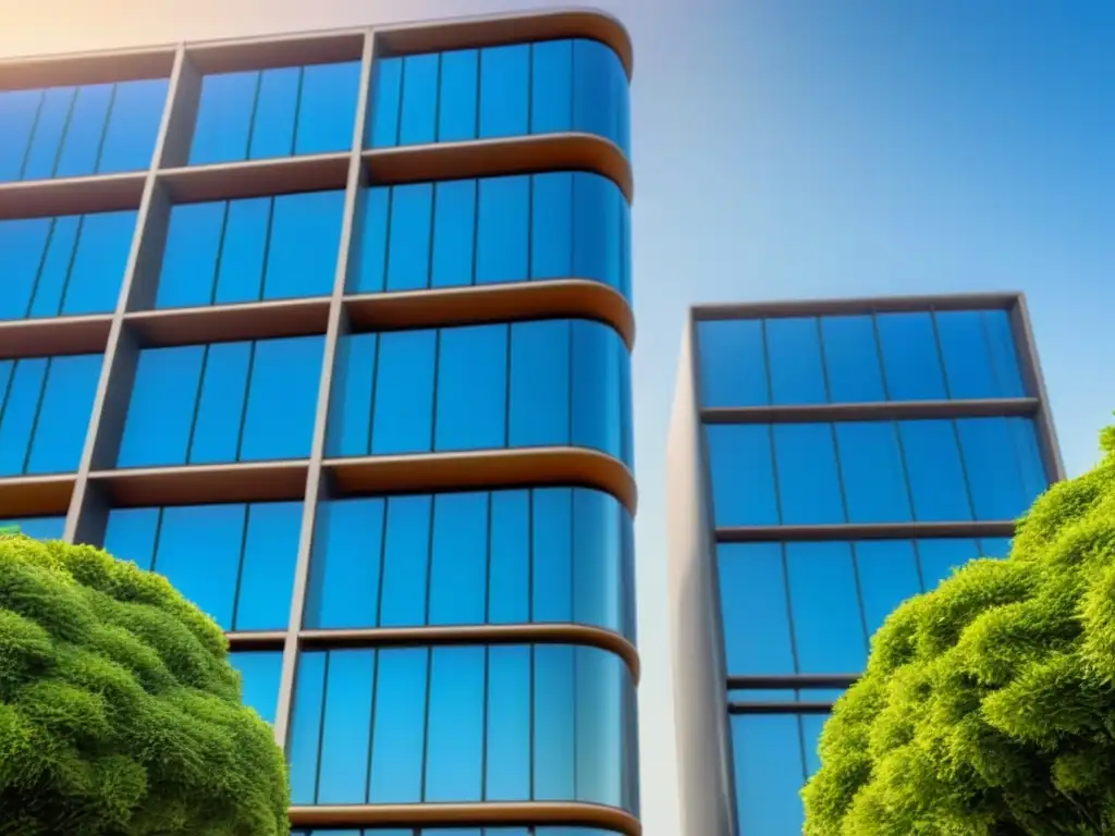 Rascacielos ecológico: arquitectura sostenible y diseño innovador Un rascacielos moderno cubierto de exuberante vegetación, con paneles solares brillando bajo el sol, simbolizando la inversión sostenible en REITs