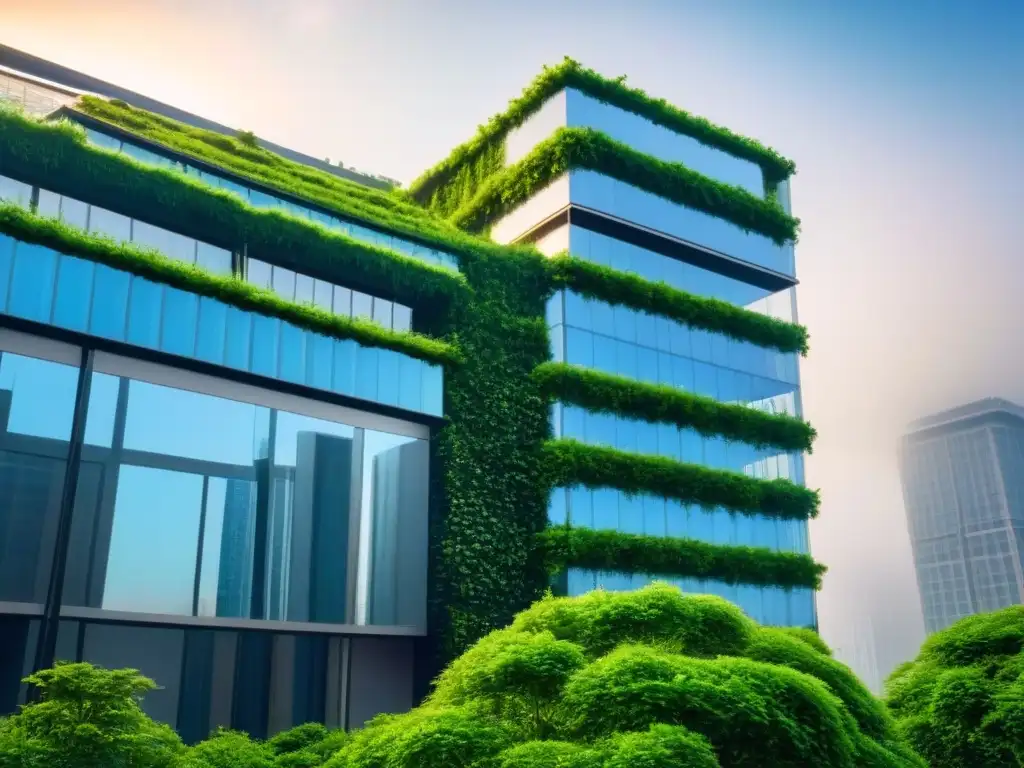 Rascacielos eco-friendly: tecnología sostenible en la ciudad Un rascacielos moderno cubierto de vegetación, con paneles solares brillando al sol y un sistema de reciclaje de agua integrado