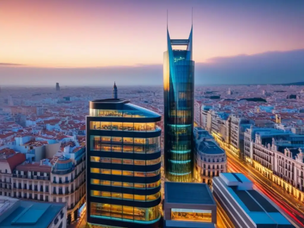 Esplendor urbano: rascacielos moderno en Madrid Rascacielos moderno en Madrid refleja dinamismo urbano