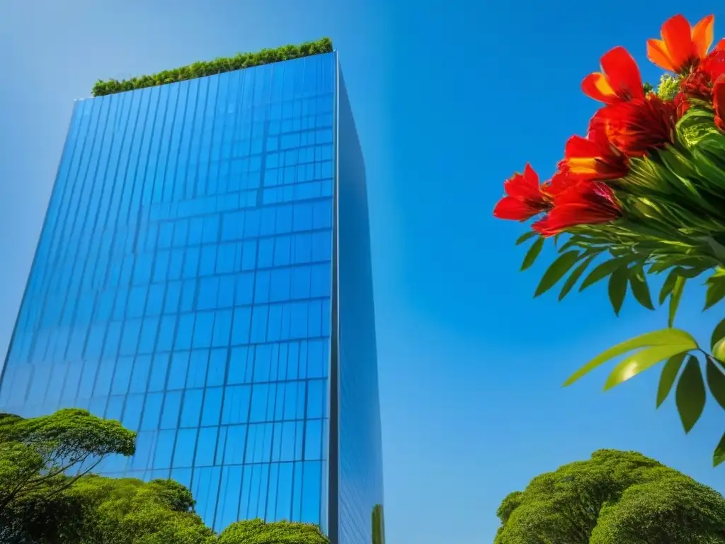 Rascacielos moderno en CDMX, símbolo de éxito en inversión inmobiliaria Un rascacielos moderno en el distrito financiero de la Ciudad de México, rodeado de naturaleza exuberante y flores vibrantes en una plaza paisajística