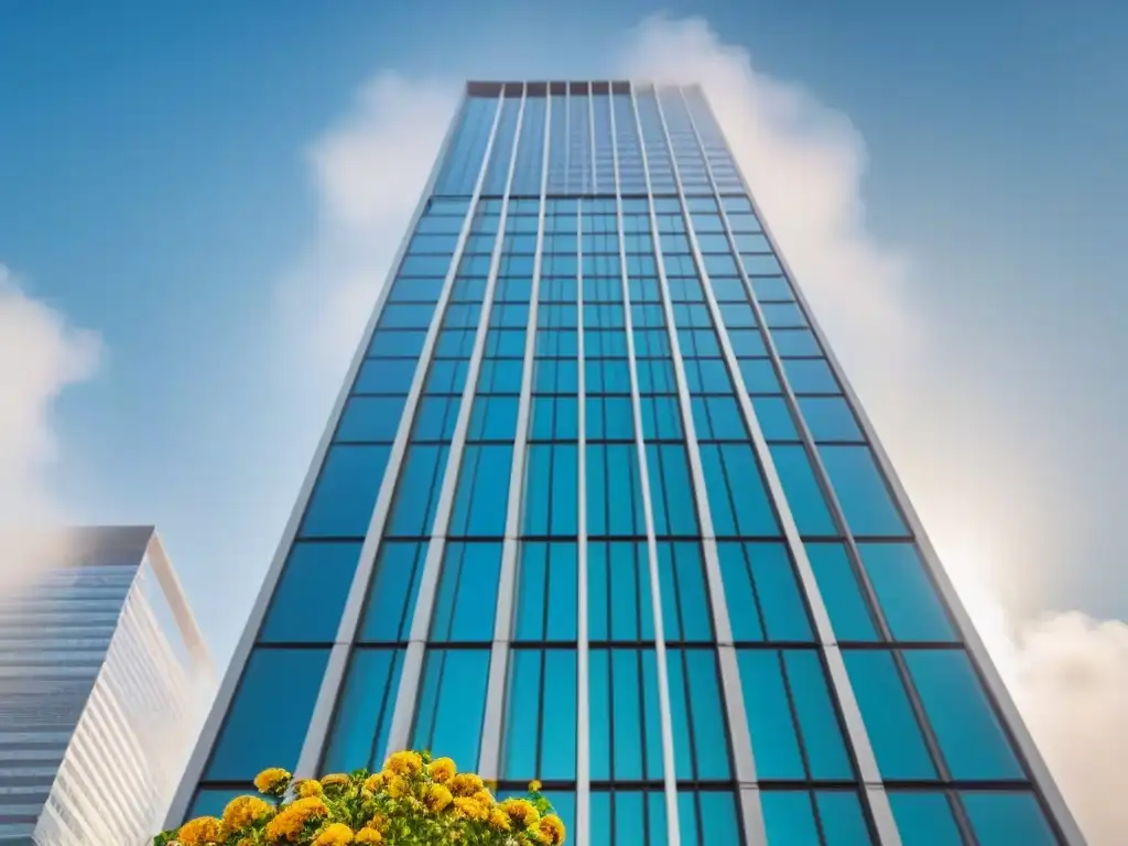 Rascacielos vanguardista junto a la naturaleza exuberante Un rascacielos moderno y elegante destaca entre árboles y flores, reflejando éxito en inversiones inmobiliarias en el extranjero