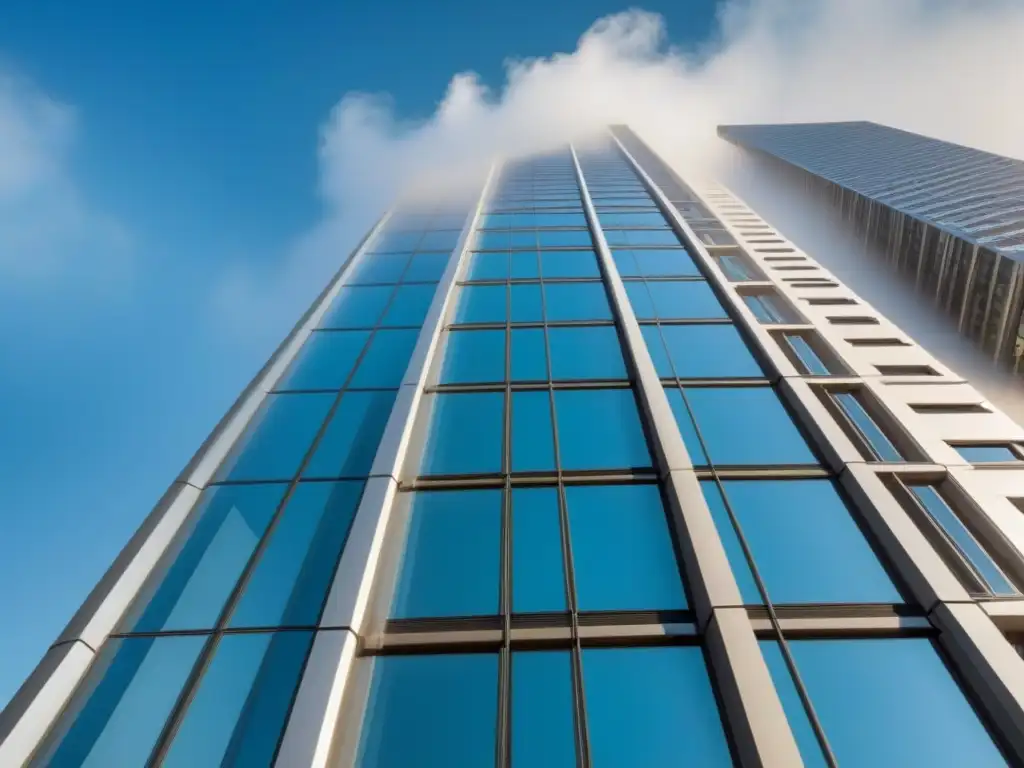 Edificio moderno: elegancia urbana en 8k Un rascacielos moderno y elegante se alza en la ciudad, reflejando actividad urbana