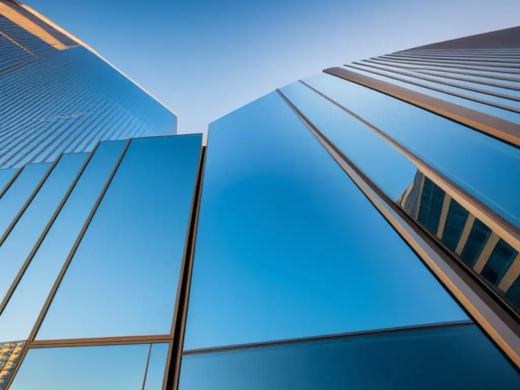 Un rascacielos moderno y elegante con ventanas de espejo reflejando la ciudad, simbolizando la fiscalidad fondos inversión inmobiliaria