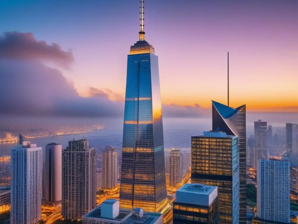 Edificio moderno de lujo en ciudad al atardecer Un rascacielos moderno y elegante se alza en una vibrante ciudad al anochecer, reflejando la luz dorada del sol y las luces de la ciudad