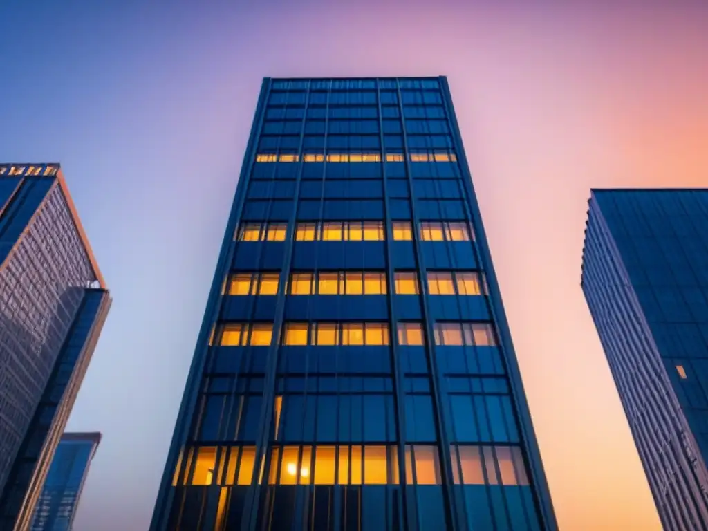 Fachada de vidrio en edificio moderno al atardecer Un rascacielos moderno con fachada de vidrio reflejando la ciudad al atardecer, elegante y sofisticado