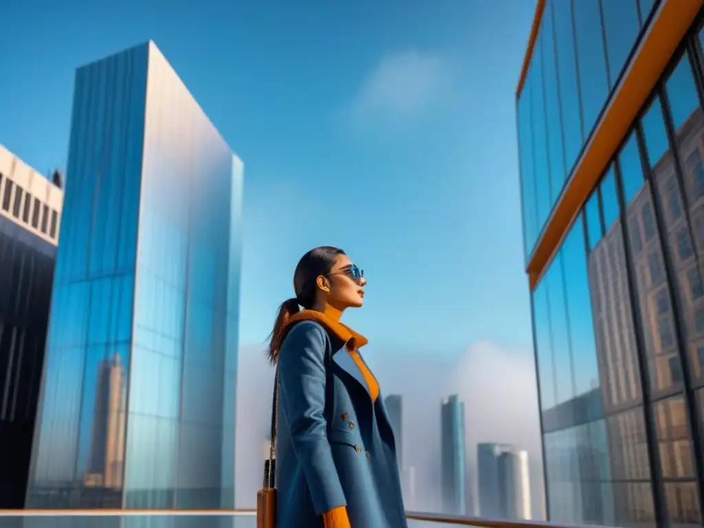 Edificio de cristal futurista en ciudad vibrante Un rascacielos moderno con una fachada de vidrio reflejando la ciudad, rodeado de un cielo azul claro