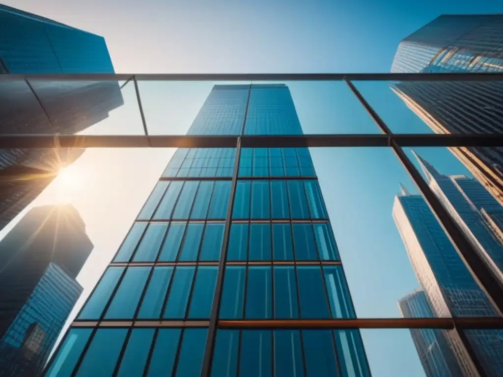 Edificio moderno en vidrio y acero en el corazón de la ciudad Un rascacielos moderno con fachada de vidrio, reflejando la ciudad