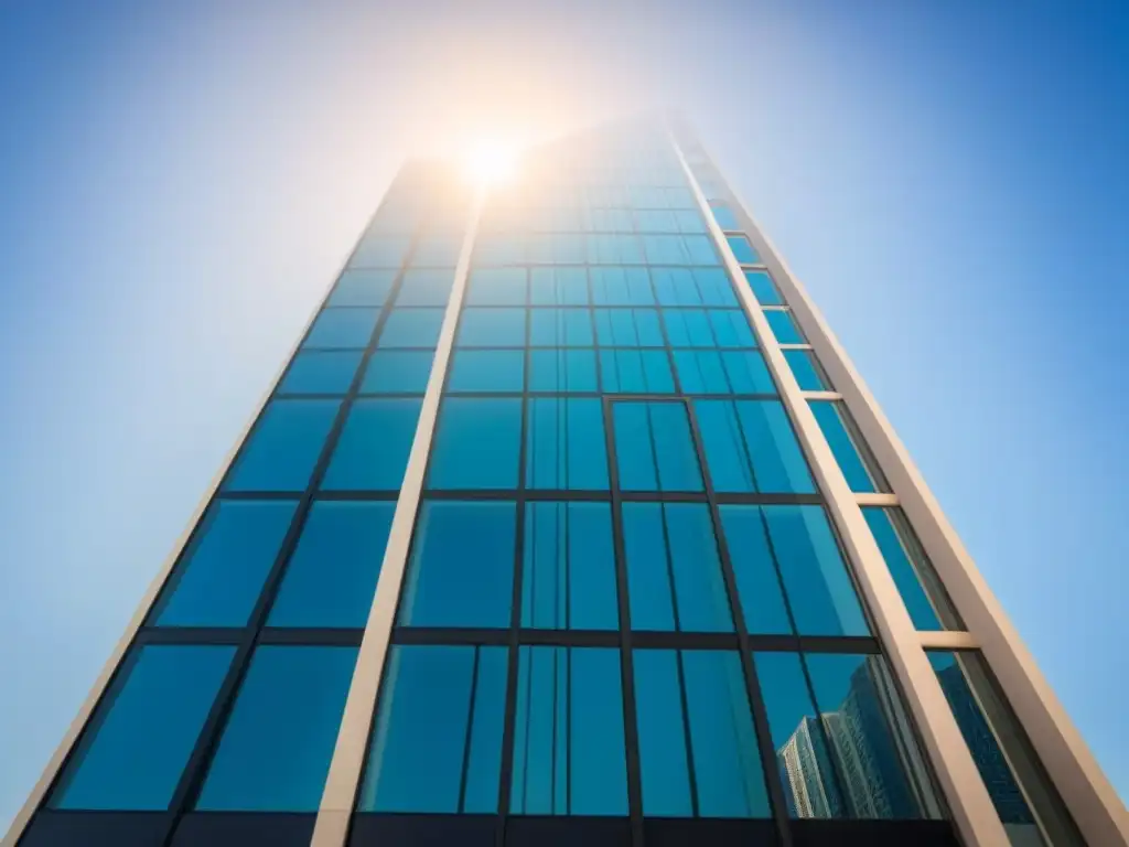 Edificio moderno de oficinas: símbolo de éxito y crecimiento urbano Un rascacielos moderno con fachada de vidrio reflejando la ciudad, simbolizando éxito y estrategia en inversión inmobiliaria