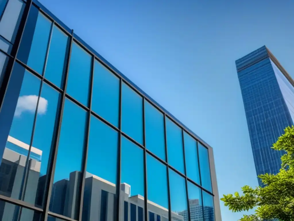 Edificio corporativo moderno en ciudad dinámica Un rascacielos moderno con grandes ventanales de vidrio reflejando el cielo azul, simbolizando el efecto del teletrabajo en inversiones inmobiliarias