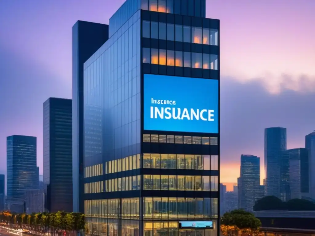 Edificio de oficinas moderno con datos de seguros en rótulo digital Un rascacielos moderno al anochecer, reflejando luces urbanas y un cartel digital de seguros