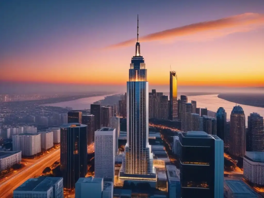 Rascacielos de lujo al atardecer: inversión inmobiliaria de alto valor Un rascacielos moderno de lujo se yergue contra un atardecer vibrante, iluminando una ciudad bulliciosa