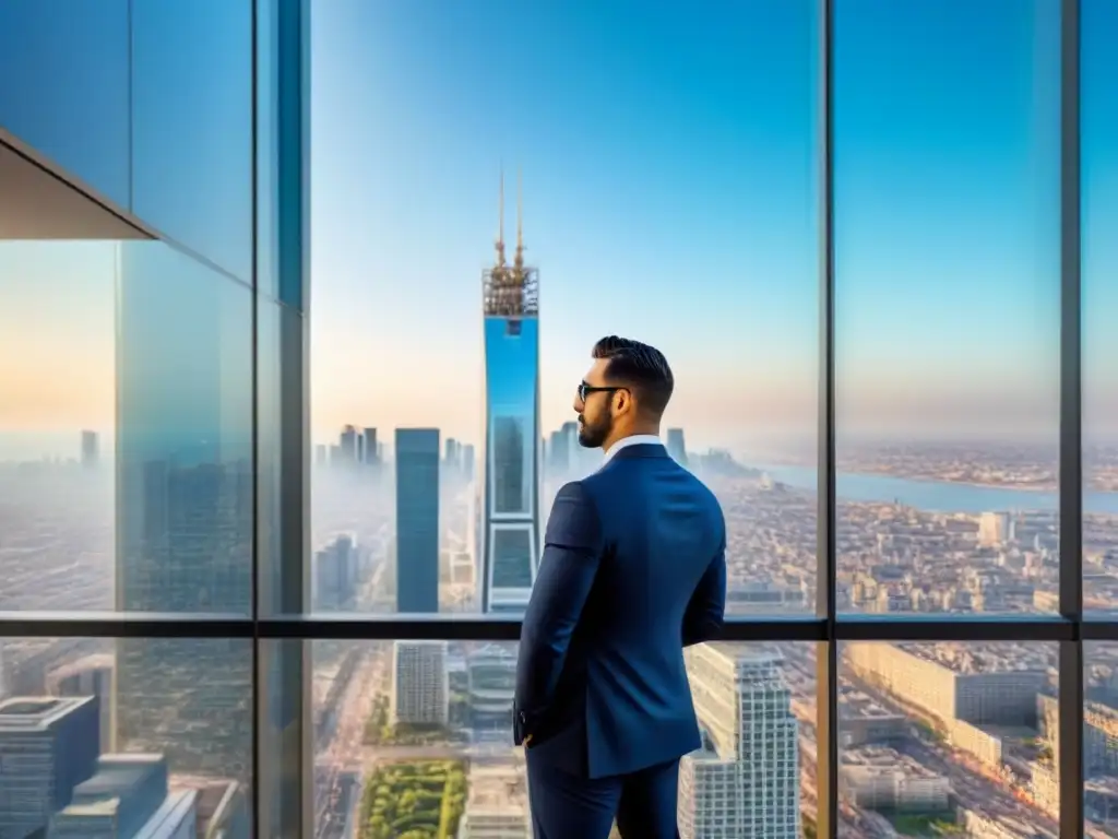 Rascacielos moderno de lujo en ciudad vibrante Un rascacielos moderno de lujo en el corazón de la ciudad, reflejando éxito en Inversión Inmobiliaria Internacional Estrategias Avanzadas
