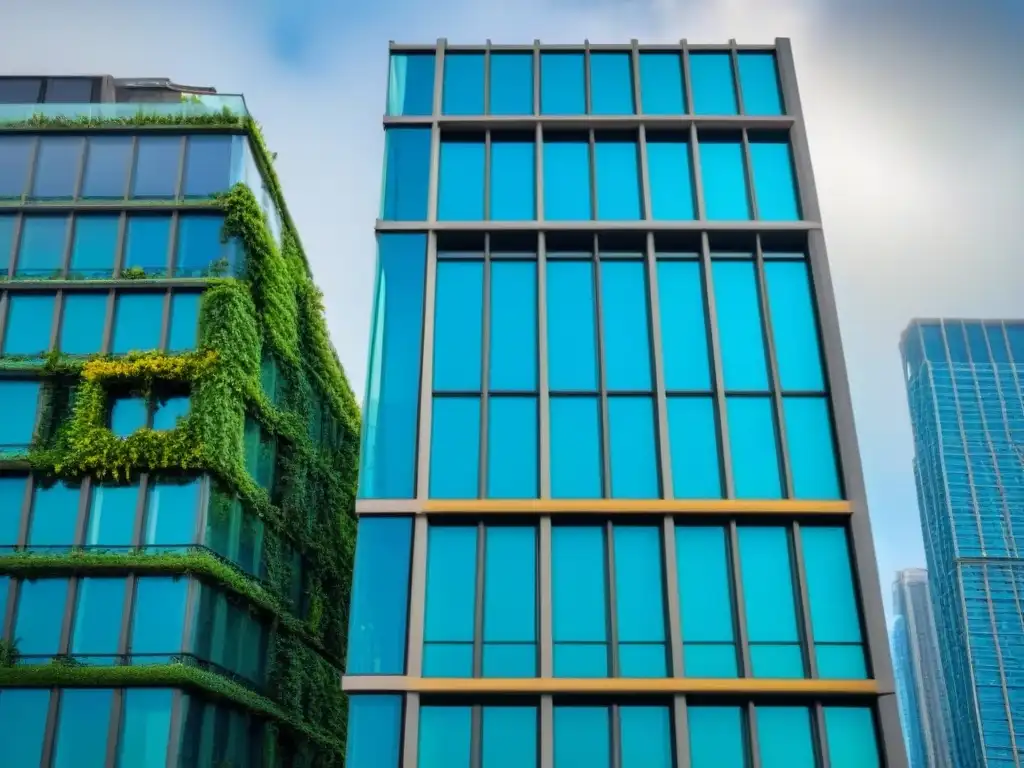 Rascacielos de lujo: icono de innovación financiera en la ciudad Un rascacielos moderno de lujo destaca en el horizonte de una ciudad bulliciosa, rodeado de vegetación exuberante y diseño arquitectónico futurista