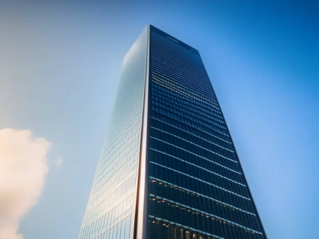 Rascacielos moderno y lujoso en ciudad vibrante Un rascacielos moderno de lujo se alza imponente contra un cielo azul claro, reflejando la luz del sol en su elegante fachada de vidrio