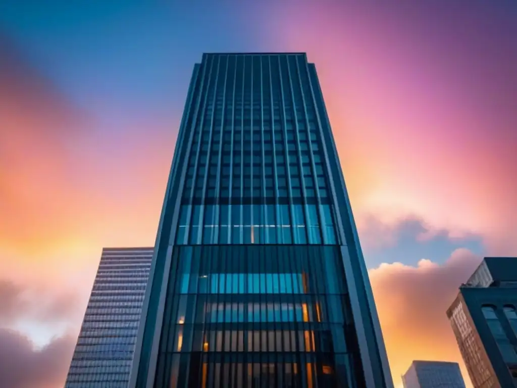 Rascacielos de lujo: éxito y sofisticación al atardecer Un rascacielos moderno y lujoso se alza contra un atardecer vibrante, reflejándose en una fachada de vidrio brillante