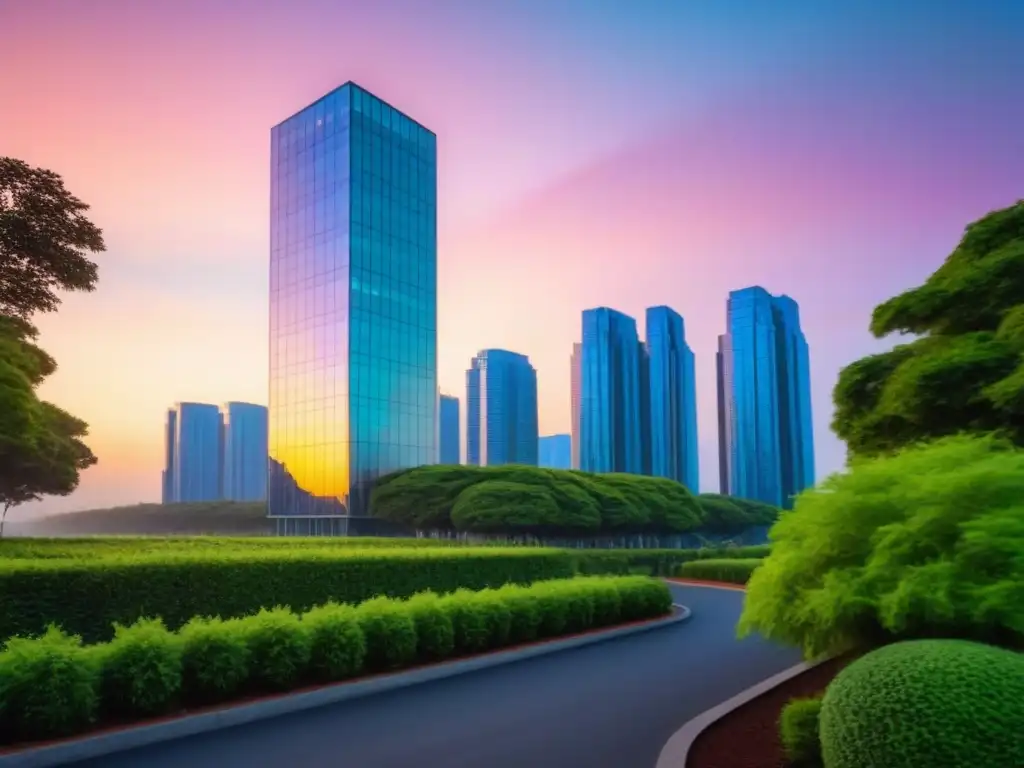 Rascacielos de lujo en atardecer vibrante: diseño sofisticado y moderno Un rascacielos moderno y lujoso destaca en un atardecer vibrante, con diseño sofisticado y elementos arquitectónicos vanguardistas