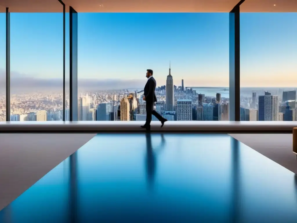 Rascacielos de lujo en la ciudad: inversión inmobiliaria exitosa Un rascacielos moderno y lujoso refleja la ciudad vibrante en sus cristales, simbolizando inversiones inmobiliarias exitosas en un entorno urbano