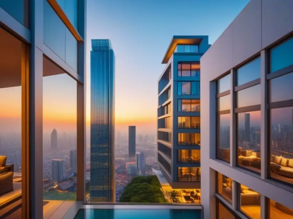 Edificio de lujo con diseño moderno en ciudad vibrante al atardecer Un rascacielos moderno y lujoso con diseño arquitectónico elegante y ventanas de piso a techo que reflejan un paisaje urbano vibrante al atardecer