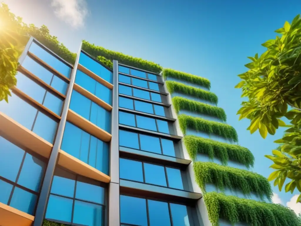 Edificio eco-sostenible y moderno con paneles solares brillantes Un rascacielos moderno y lujoso con paneles solares brillando bajo el sol, rodeado de exuberante vegetación y cielos azules