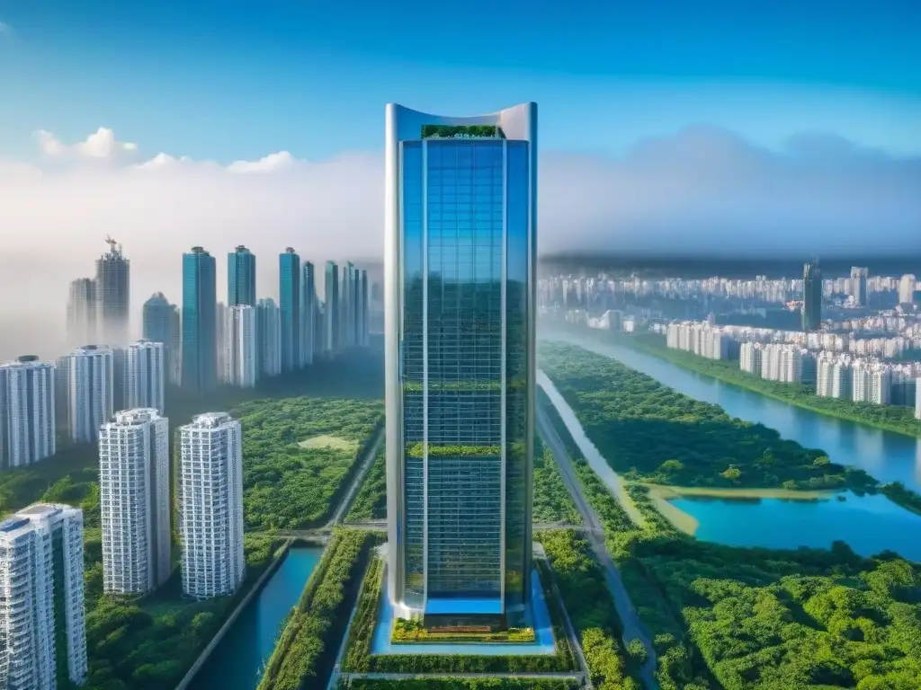 Rascacielos de lujo entre naturaleza y modernidad Un rascacielos moderno y lujoso rodeado de vegetación exuberante, con paredes de vidrio pulido que reflejan un cielo azul claro