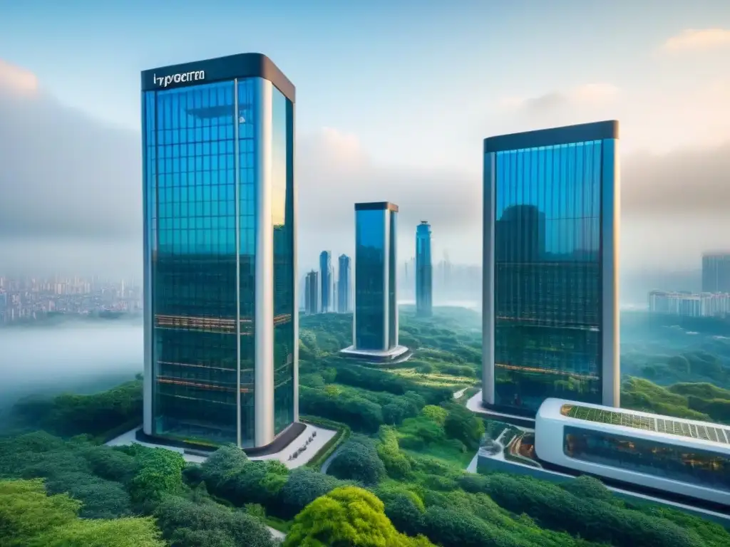 Rascacielos moderno y lujoso fusionando naturaleza y tecnología Un rascacielos moderno y lujoso rodeado de vegetación exuberante y elementos arquitectónicos futuristas, reflejando la ciudad vibrante