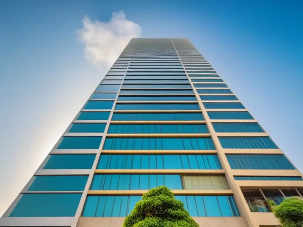 Edificio de lujo en Caracas: arquitectura moderna con vista panorámica Un rascacielos moderno y lujoso en Caracas, Venezuela, refleja el vibrante paisaje urbano
