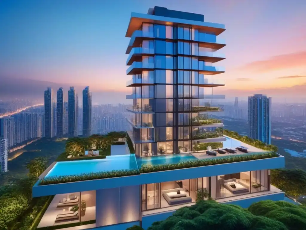 Condominio de lujo: blockchain y AI en la arquitectura moderna Un rascacielos moderno y lujoso con exteriores de vidrio reflectante rodeado de vegetación, mirando al atardecer de la ciudad