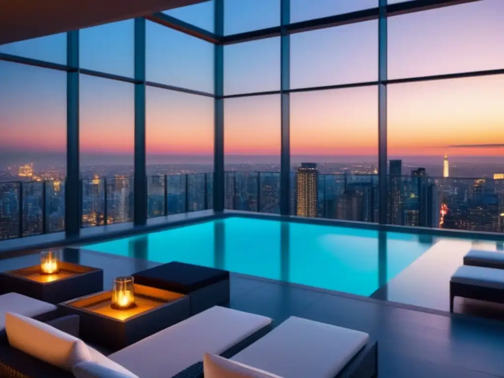 Inversión inmobiliaria: lujo y modernidad en la ciudad al atardecer Rascacielos moderno con piscina en la azotea y vistas a la ciudad al atardecer