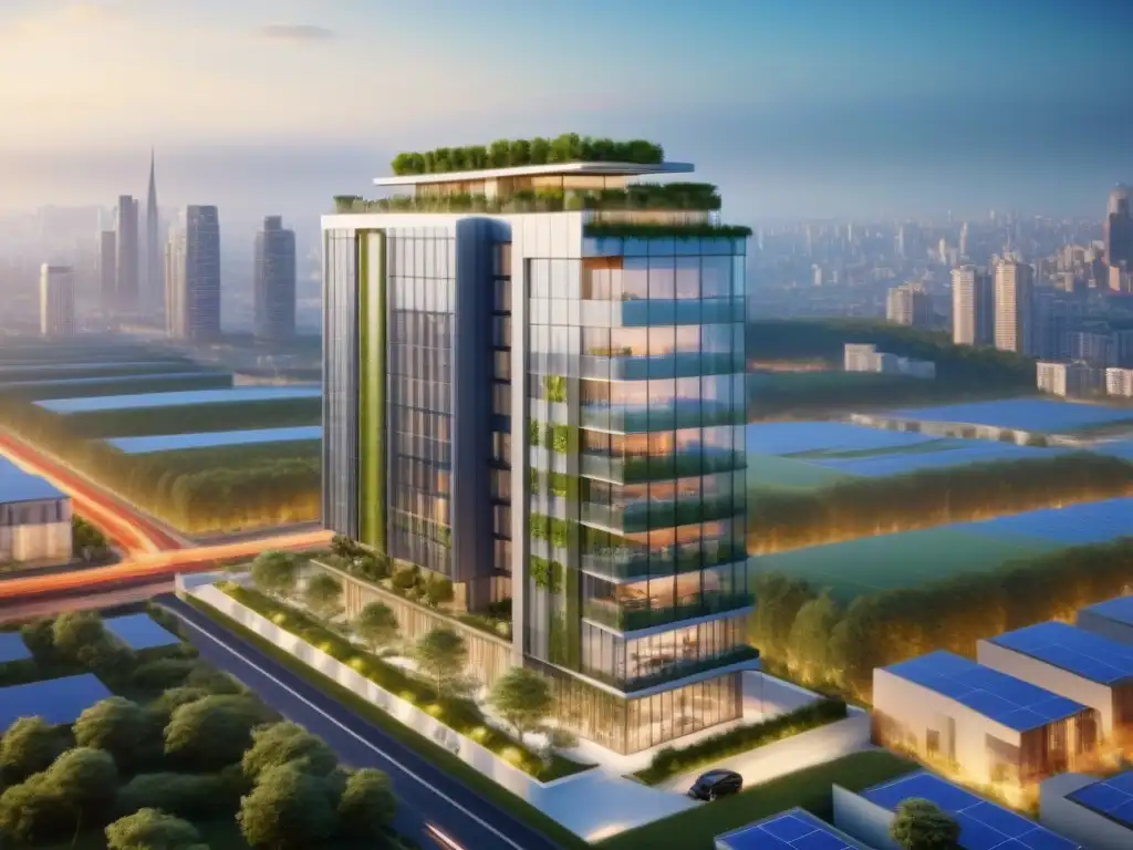 Edificio sustentable en metrópolis vibrante Un rascacielos moderno rodeado de áreas verdes en una ciudad sostenible