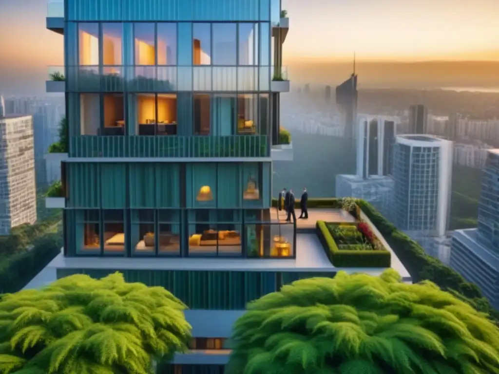Edificio de lujo y modernidad en ciudad vibrante al atardecer Un rascacielos moderno rodeado de vegetación, reflejando la ciudad al atardecer