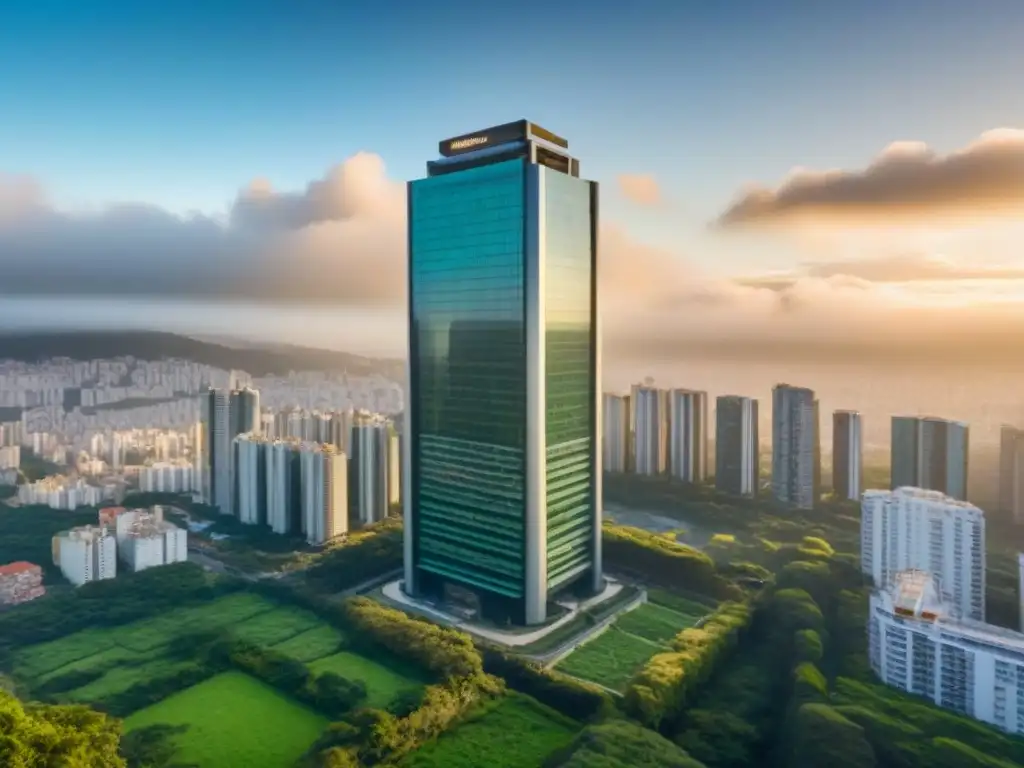 Rascacielos moderno en ciudad sudamericana, reflejo de belleza urbana y natural Rascacielos moderno rodeado de vegetación en ciudad sudamericana, reflejando prosperidad e inversión en bienes raíces