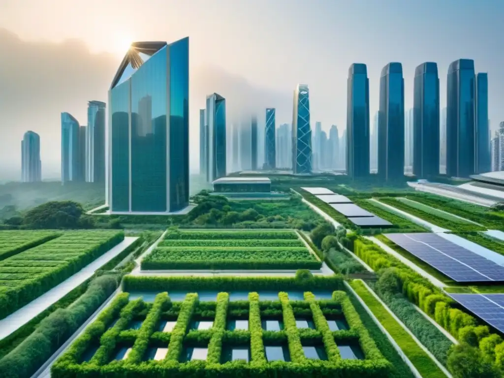 Rascacielos futurista eco-friendly en entorno urbano vibrante Un rascacielos moderno rodeado de vegetación, con diseño futurista y elementos sostenibles