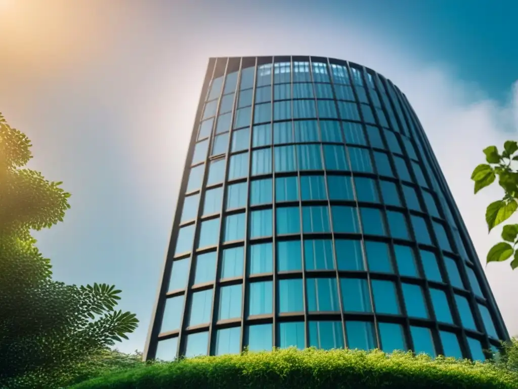 Rascacielos moderno rodeado de vegetación exuberante Un rascacielos moderno rodeado de vegetación, reflejando estabilidad y crecimiento en inversiones inmobiliarias
