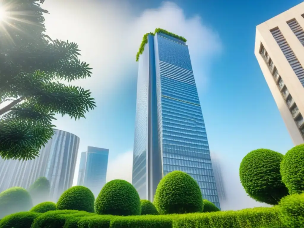 Inversión inmobiliaria exitosa: rascacielos moderno y frondosa vegetación Un rascacielos moderno rodeado de vegetación, reflejando éxito en inversiones inmobiliarias