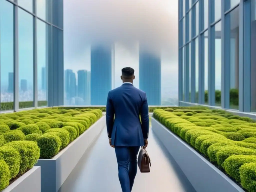 Un rascacielos moderno rodeado de vegetación exuberante, reflejado en una fachada de vidrio bajo un cielo azul claro