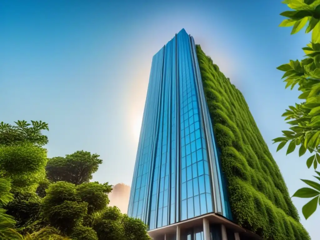 Rascacielos moderno en entorno verde: inversión exitosa Un rascacielos moderno rodeado de exuberante vegetación bajo un cielo azul claro, simbolizando una exitosa inversión inmobiliaria